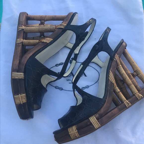 PRADA Wedges Bamboo Polar Blue Sandals EUC Sz 8.5